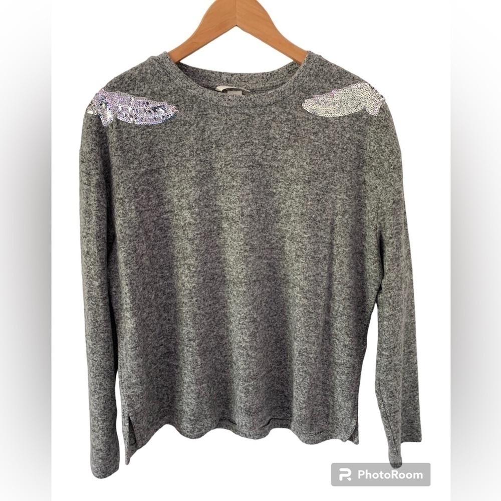 H&M Women’s Gray Sweater with Silver Sequin Bird Design Accents